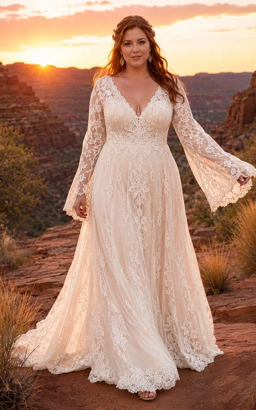 Plus Size Lace Bell Sleeve Canyon Wedding Dress