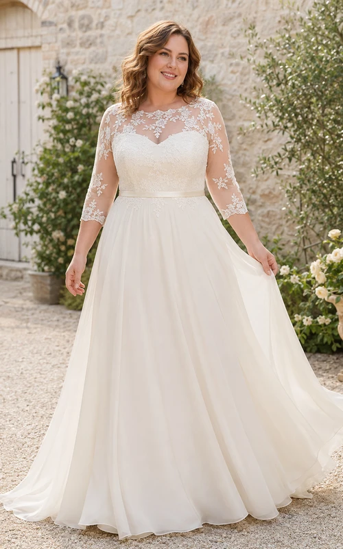 Affordable Plus Size Illusion Bateau Three-Quarter Lace Sleeve Chiffon Wedding Dress