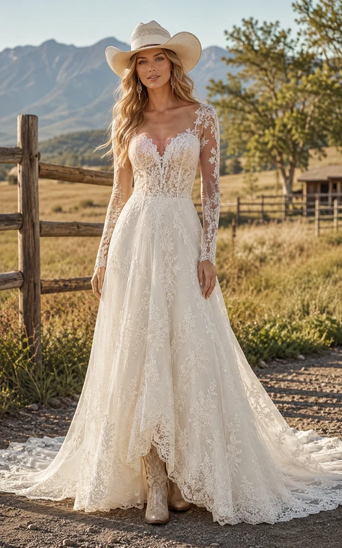 Vestido de novia campestre de encaje con un solo hombro, manga larga ilusión y cola.