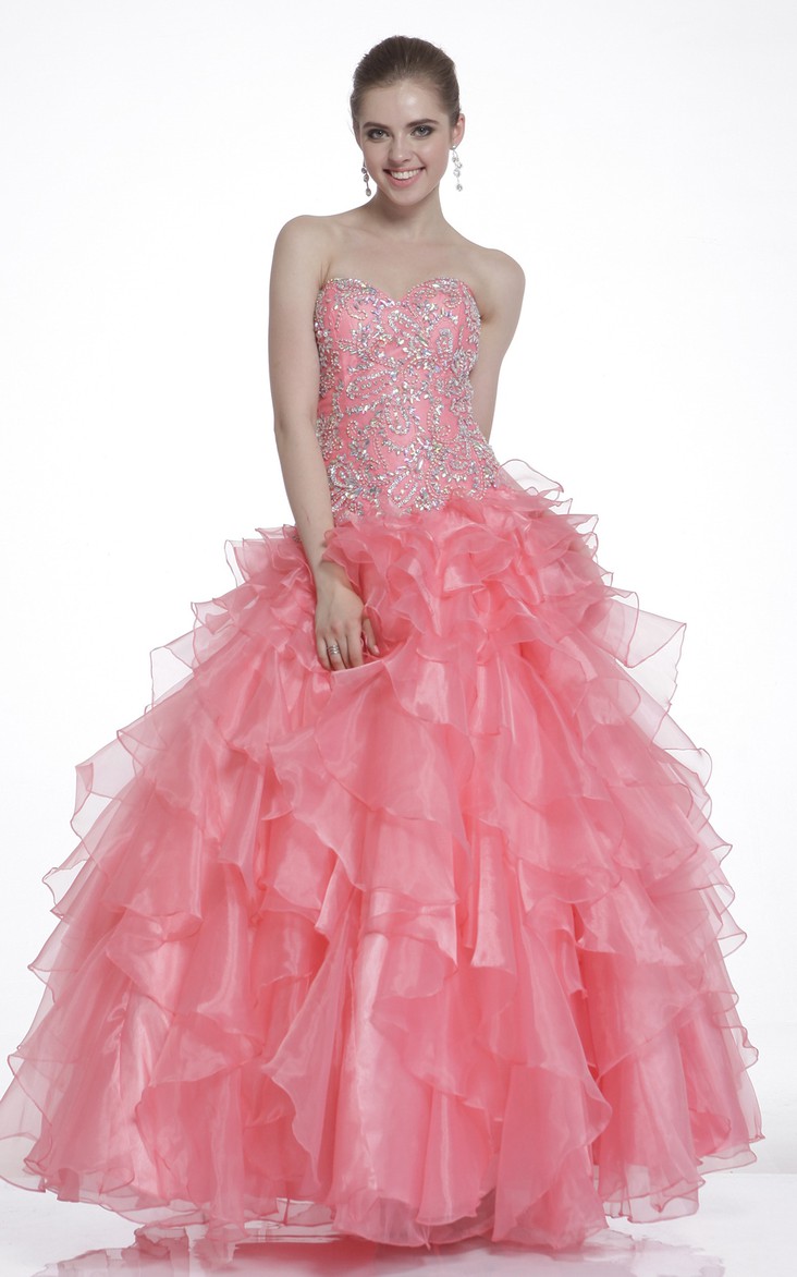 Ankle-Length Jeweled Ruffled Sweetheart Strapless Lace-Up Organza Ball Gown