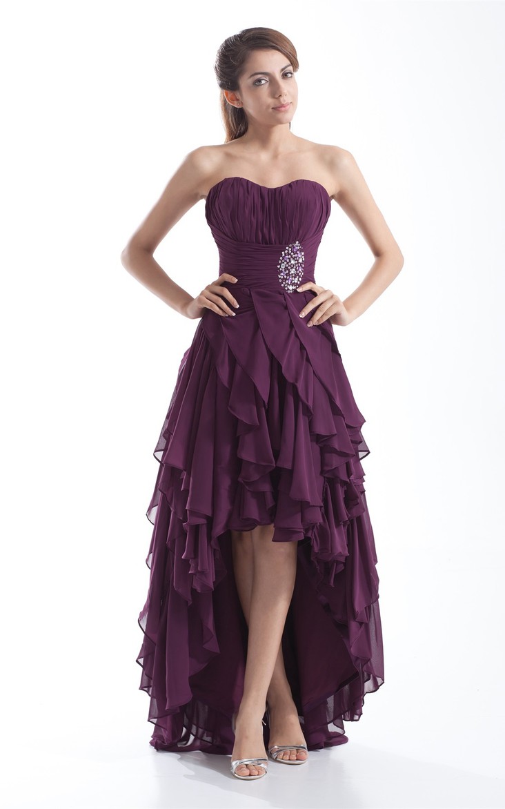Cascading-Ruffled Jewel Ruched Chiffon Dress