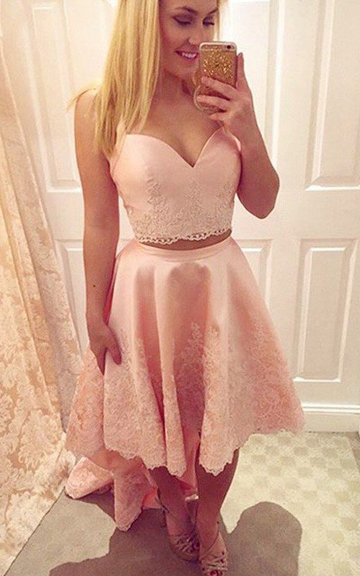Sleeveless A-line High-low Straps Sweetheart Appliques Satin Lace Homecoming Dress