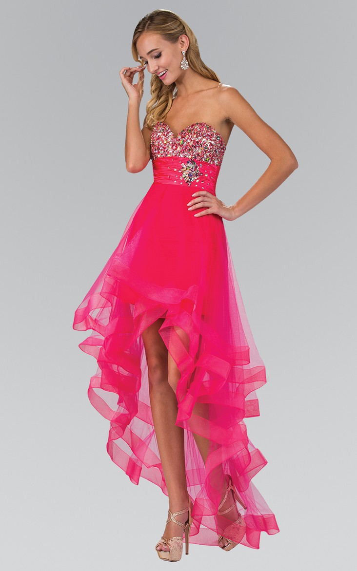 A-Line Backless Tiered Jeweled High-Low Sweetheart Sleeveless Strapless Tulle Dress