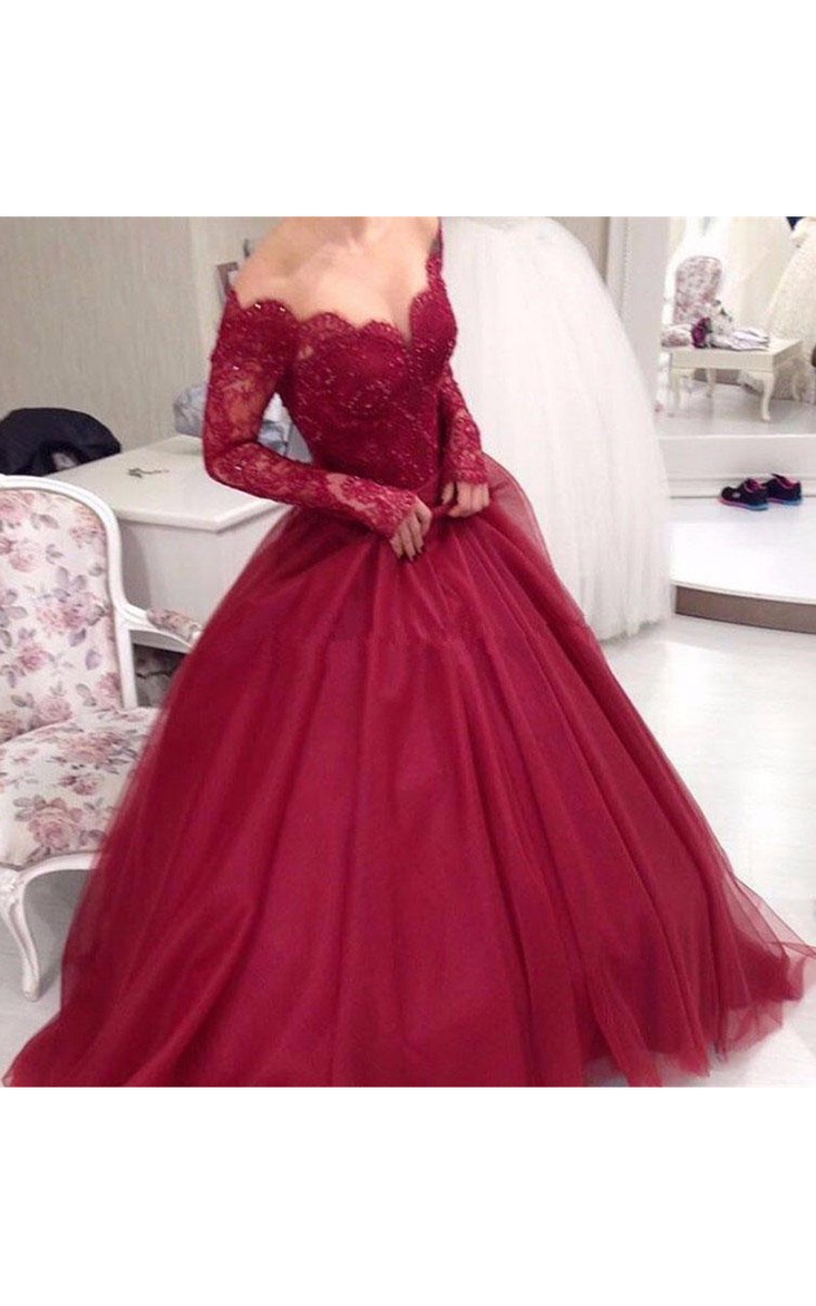 Off-the-shoulder Lace Tulle Long Sleeve Floor-length Appliques Beading Pleats Dress