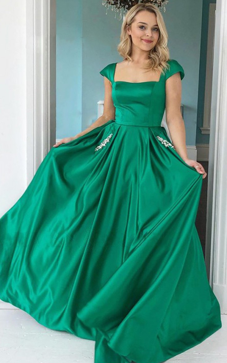 A Line Satin Square Short Sleeve Floor-length Prom Guest Evening Formal Dress 