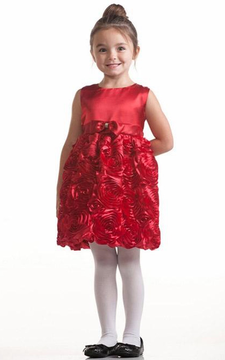 Bowknot Layered Midi Satin Flower Girl Dress