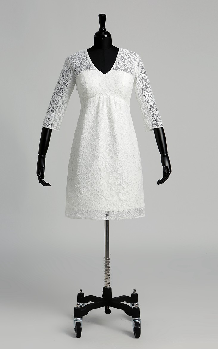 A-line Lace V-neck Knee-length 3/4 Length Sleeve Ruched Wedding Dress