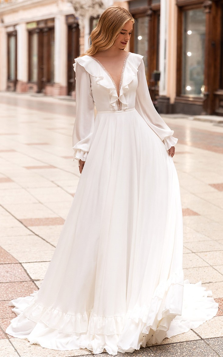 Simple Chiffon A Line V-neck Court Train Wedding Dress with Ruching