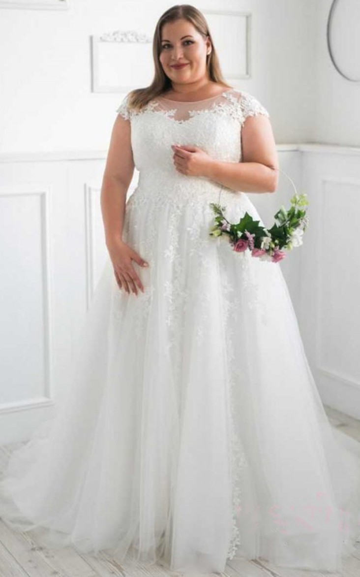 Modest Bateau A Line Tulle Sweep Train Wedding Dress with Appliques
