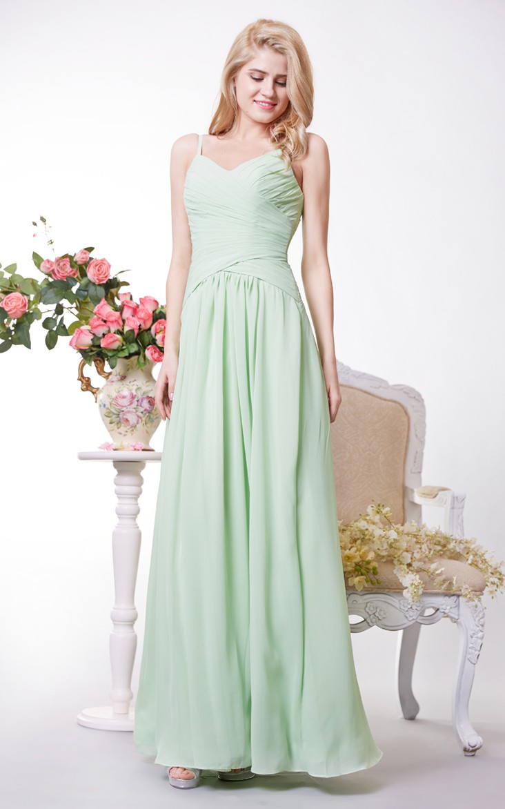A-Line Has Crisscross Ruched Bodice Chiffon V-Neckline Gown