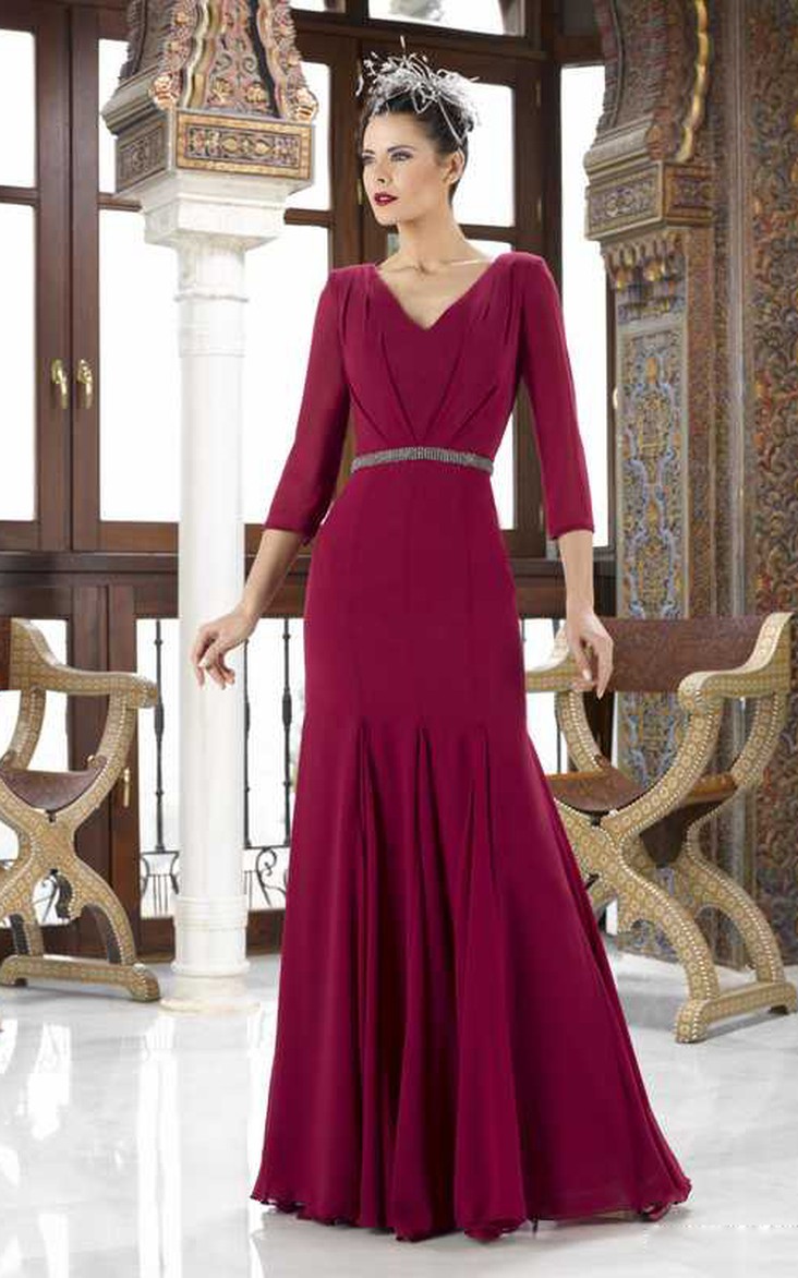 Jersey V-neck 3-4-sleeve Dress With Jeweled Waist