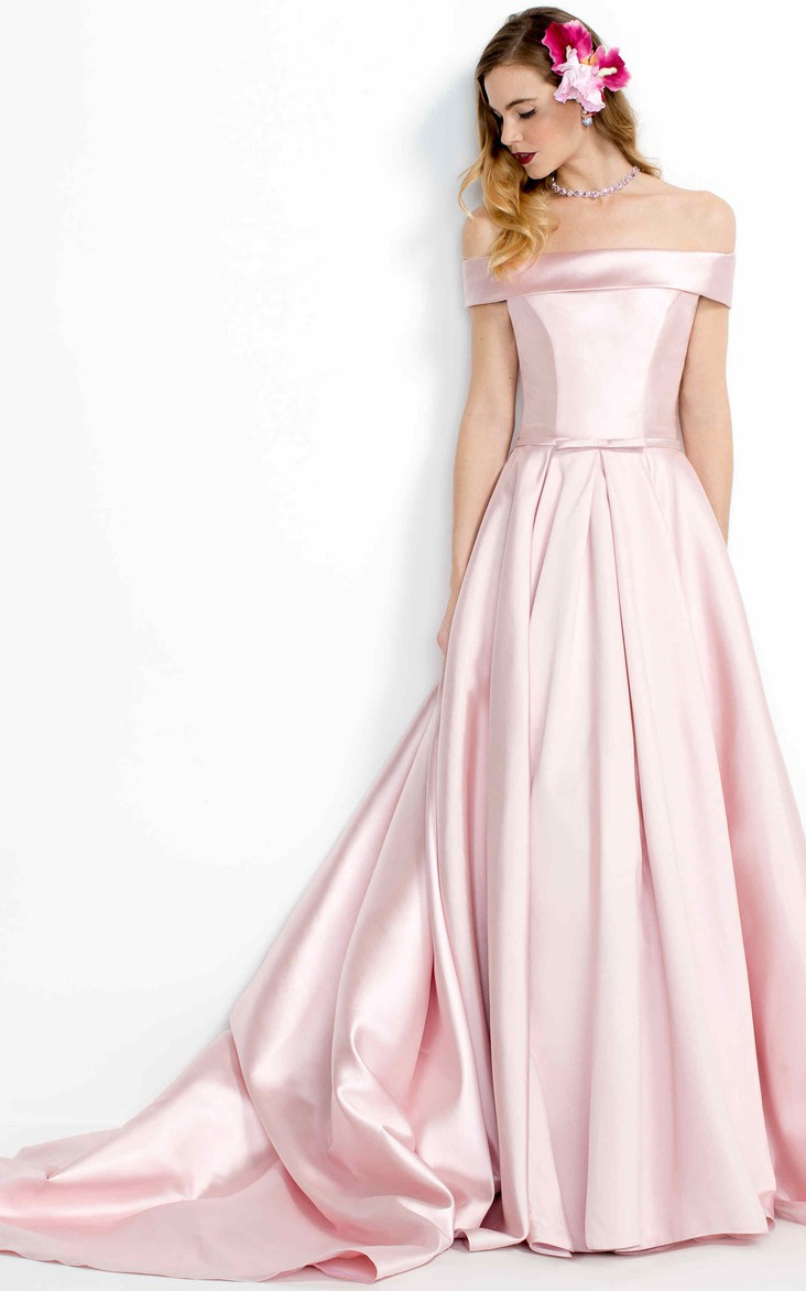 blushing Satin Off-the-shoulder A-line Dress With Court Train