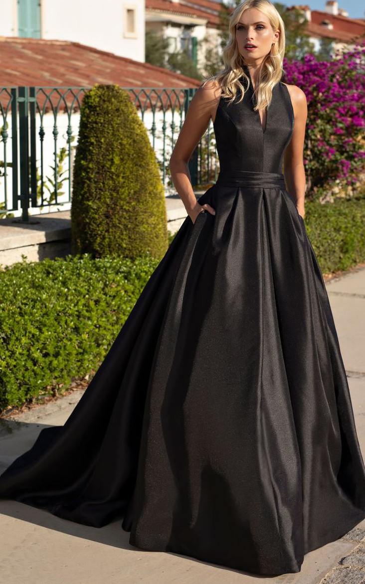 Casual Satin V-neck Ball Gown Sleeveless Floor-length Formal Dress with Ruching