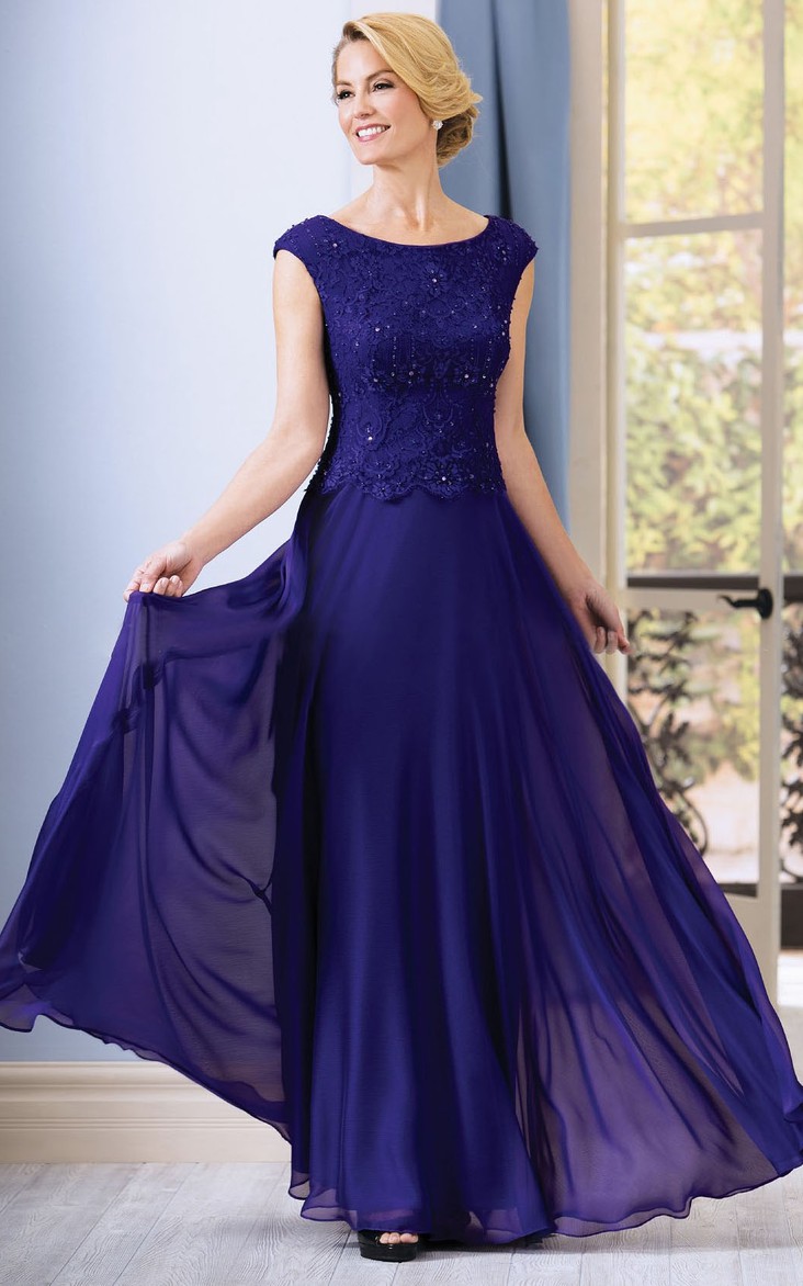 cap-sleeve long Chiffon Mother of the Bride Dress With Lace And Beading