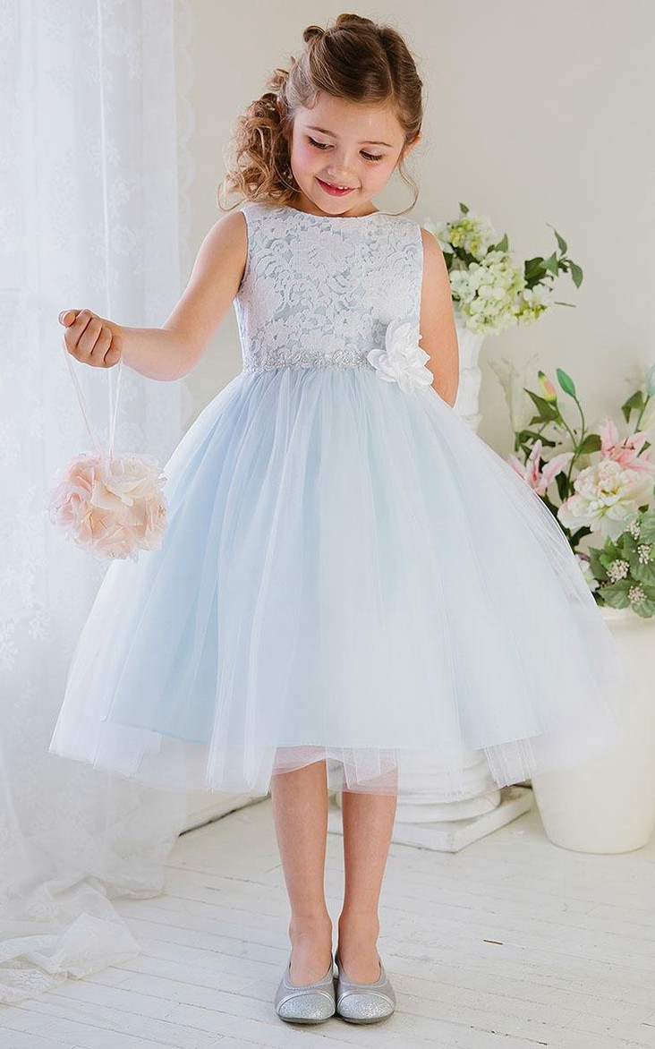 jewel-neck Sleeveless Tulle Flower girls dresses With Lace top