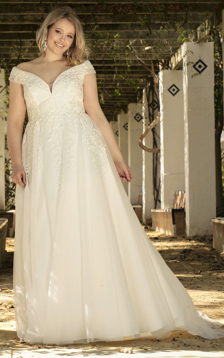 Simple Plus Size A Line V-neck Wedding Dress with Appliques