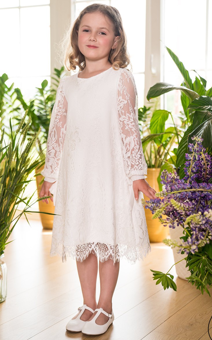 Elegant A Line Tea-length Long Sleeve Lace Zipper Flowergirl Dress