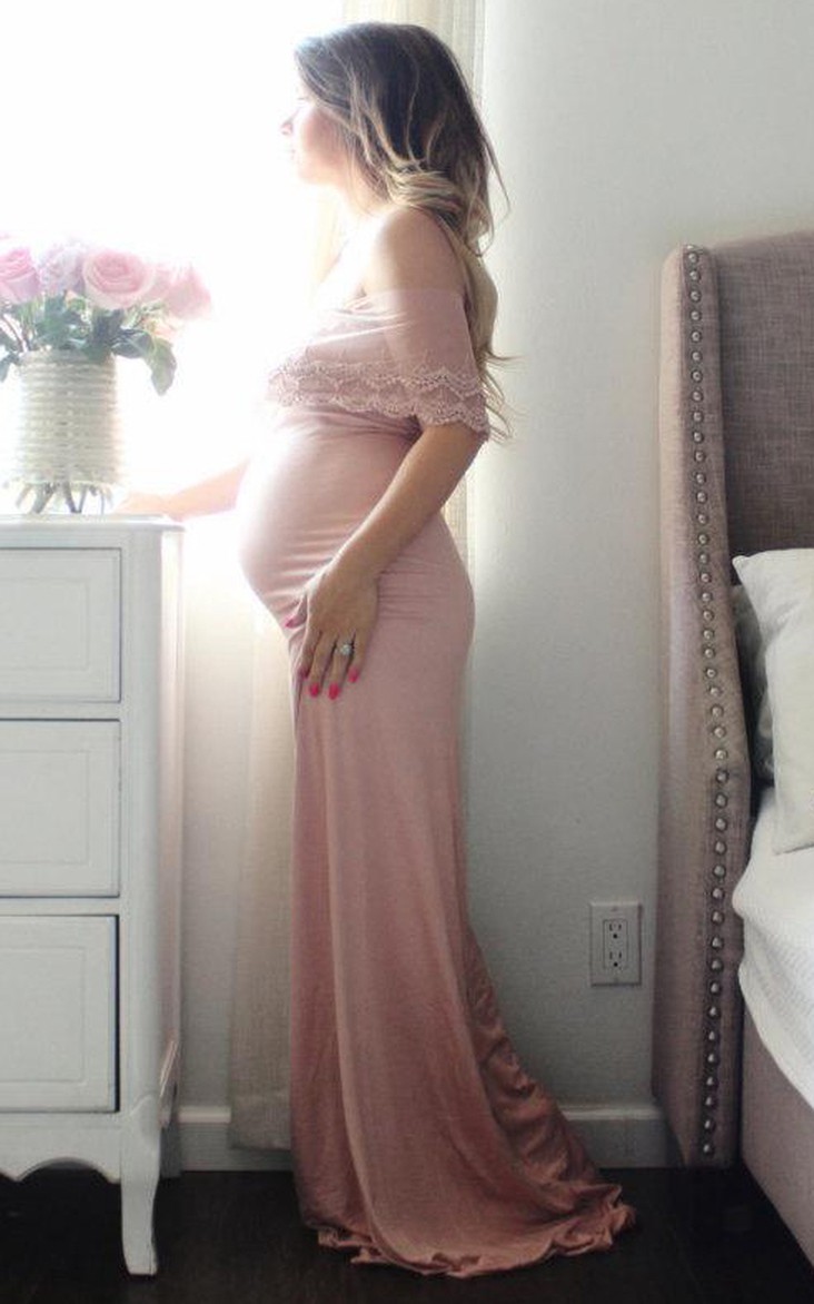 Off-the-shoulder Floor-length maternity Dress With Lace