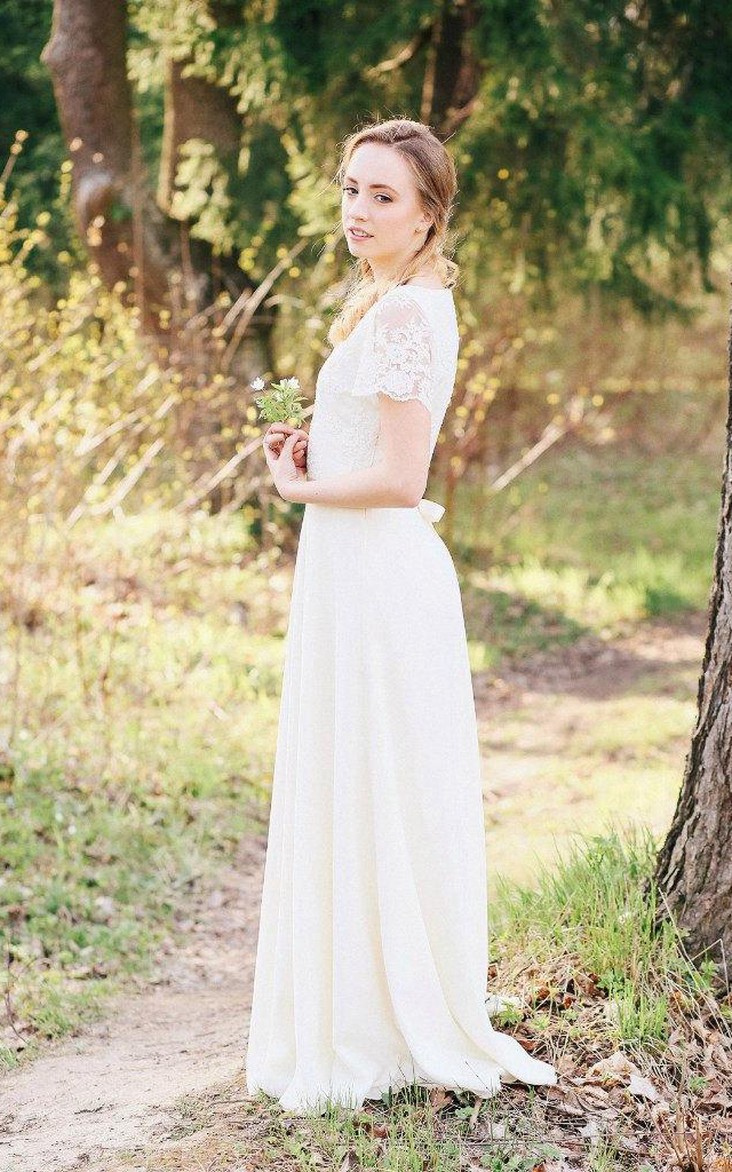 Plunged Short Sleeve V-neck Floor-length Wedding Dress With Lace And bow