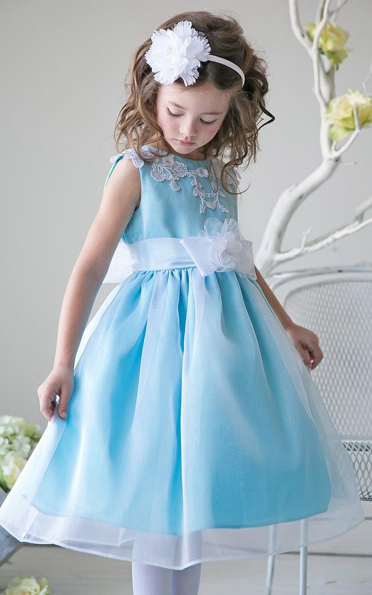 Appliqued Layers Tea-Length Slit-Front Sequined Flower Girl Dress