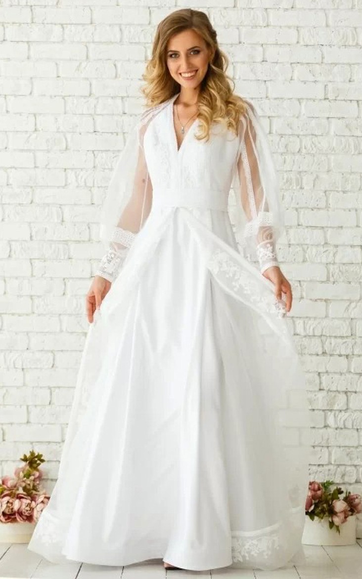 Elegant A Line V-neck Floor-length Long Sleeve Chiffon Wedding Dress with Ruching