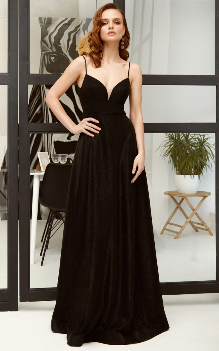 Modern Satin A Line Floor-length Sleeveless Prom Dress with V-neck