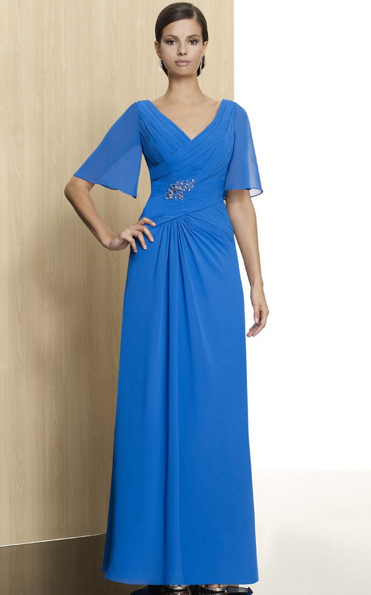 Chiffon Jewel V-Neckline Bell-Sleeve Dress