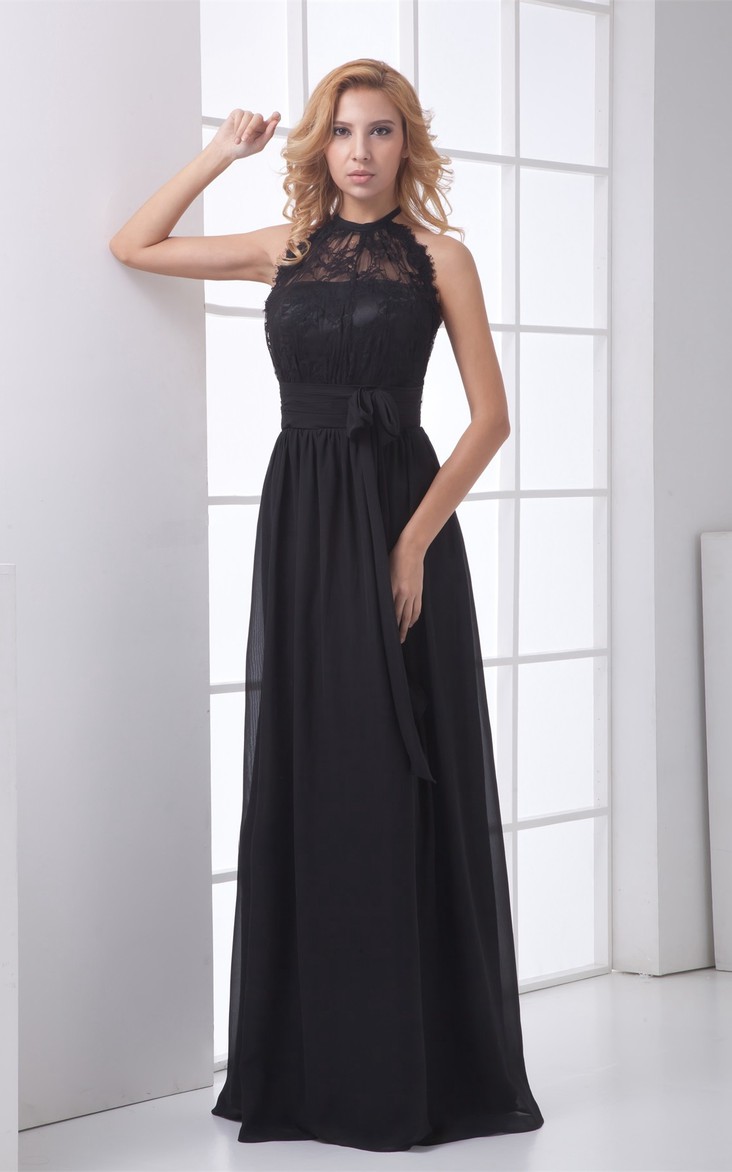 Sleeveless Bow Lace High-Neckline Floor-Length Gown