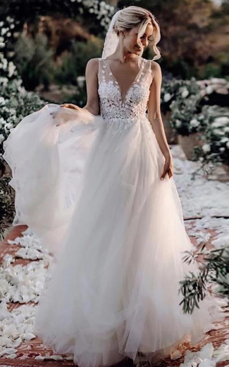 V-neck Lace Tulle Floor-length Deep-V Back A Line Wedding Dress with Appliques