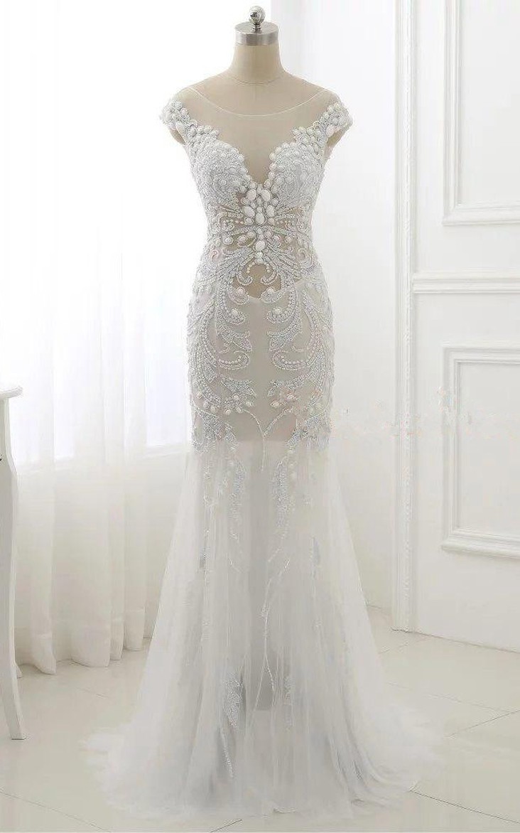 Tulle Beaded Sequined Cap-Sleeve Trumpet Dress