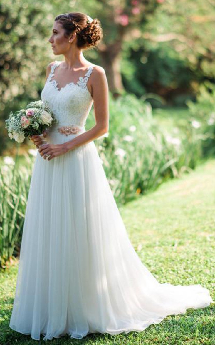 Elegant Sleeveless A Line Chiffon and Lace Straps Floor-length Brush Train Wedding Dress