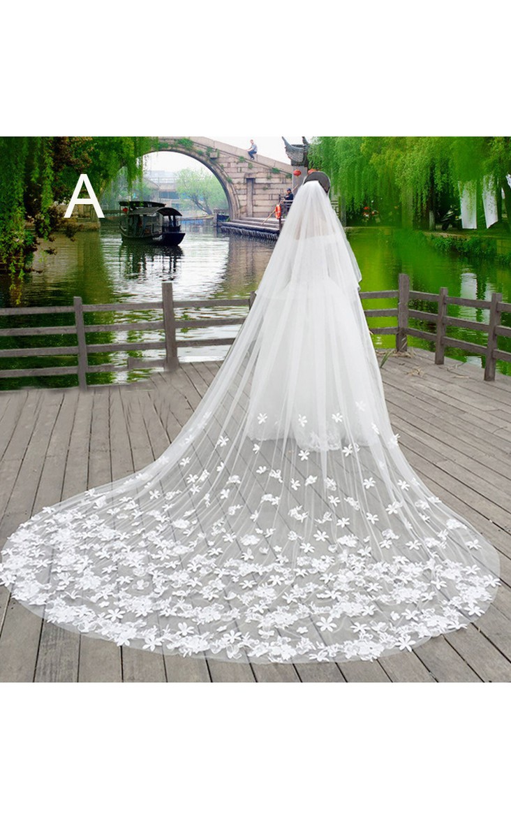 New Korean Style Lace Applique Large Tailed Tulle Super Long Veil