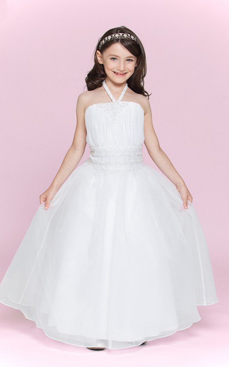 Princess Jewel Waist Organza High-Neckline Flower Girl Dress