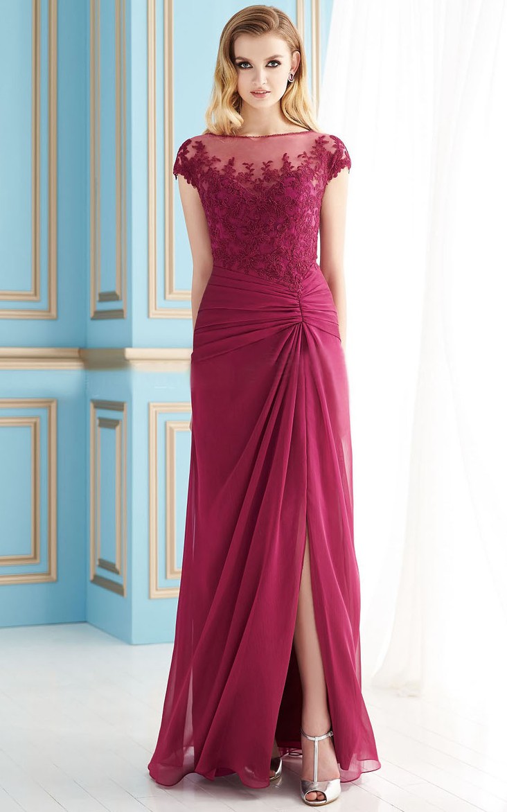 Front-Slit Lace Detail Floor-Length Cap-Sleeved Mother Of The Bride