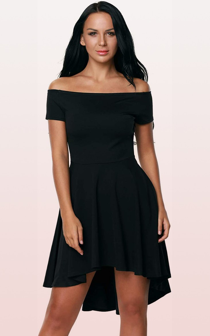 Off-the-shoulder Jersey Short Sleeve Short High-Low Cocktail Dress with Pleats