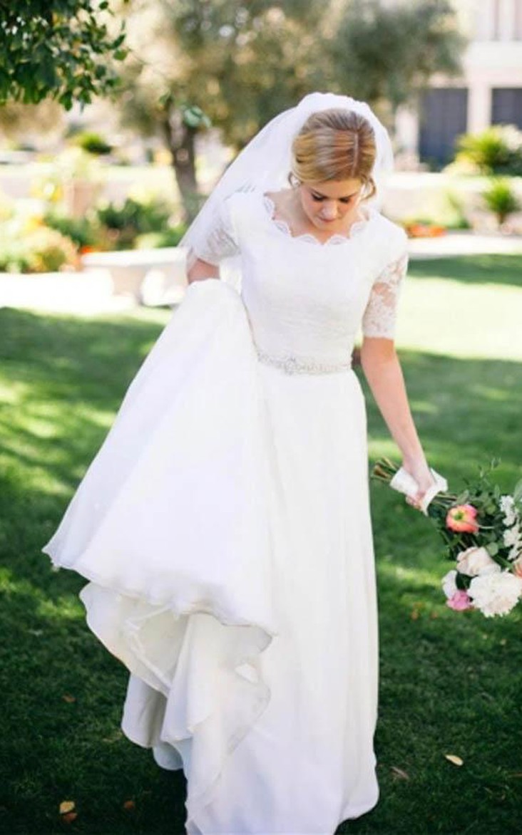 Scalloped Chiffon Lace Illusion Half Sleeve Wedding Gown