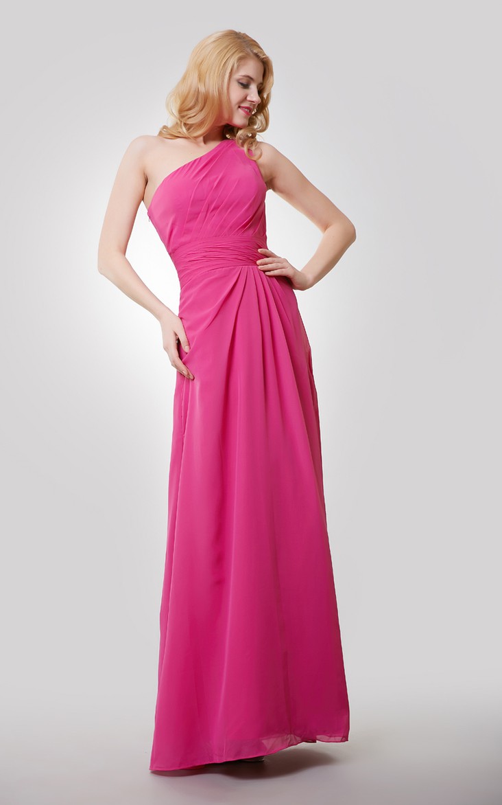 A-Line Ruched Floor-Length One-Shoulder Chiffon Dress