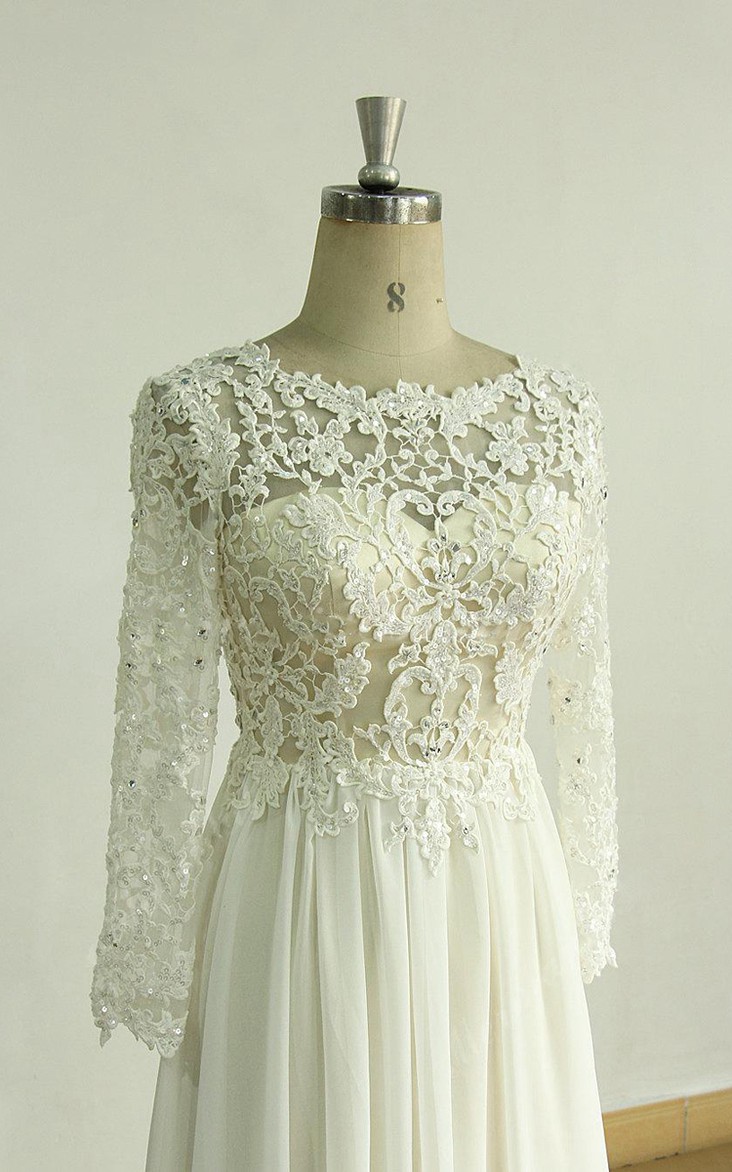 Bateau Lace Long Sleeve A-line Split Front Wedding Dress With Appliques ...