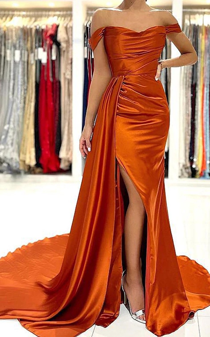 Simple A Line Brush Train Sleeveless Satin Formal Dress with Split Front