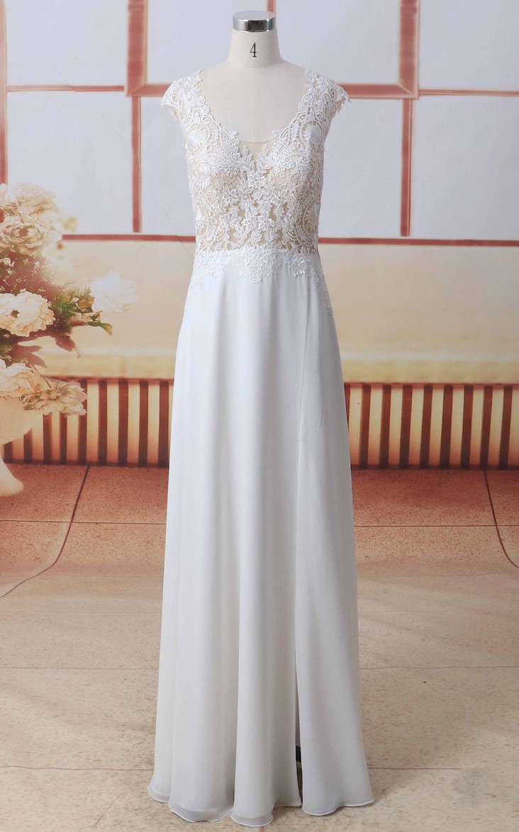 Cap Sleeve Front Split Lace Chiffon A-line Wedding Dress Scoop Neck With Illusion Button Back