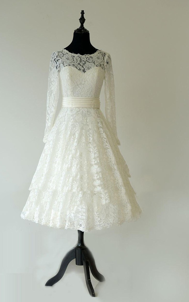 Long-Sleeve Satin Ribbon Bateau-Neckline 3-4-Length Lace Dress
