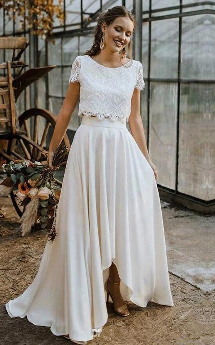 Bohemian Short Sleeve Bateau Satin and Lace Two Piece Floor-length Wedding Dress with Pleats