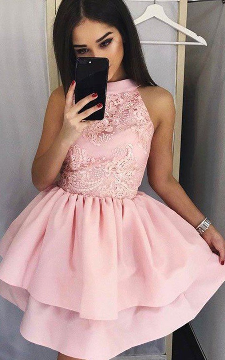 Sleeveless A-line Ball Gown Short Mini High Neck Ruching Tiers Satin Lace Homecoming Dress