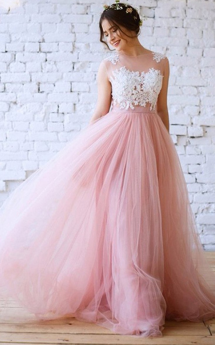 A Line Sleeveless Tulle Modern Button Illusion Formal Dress with Lace