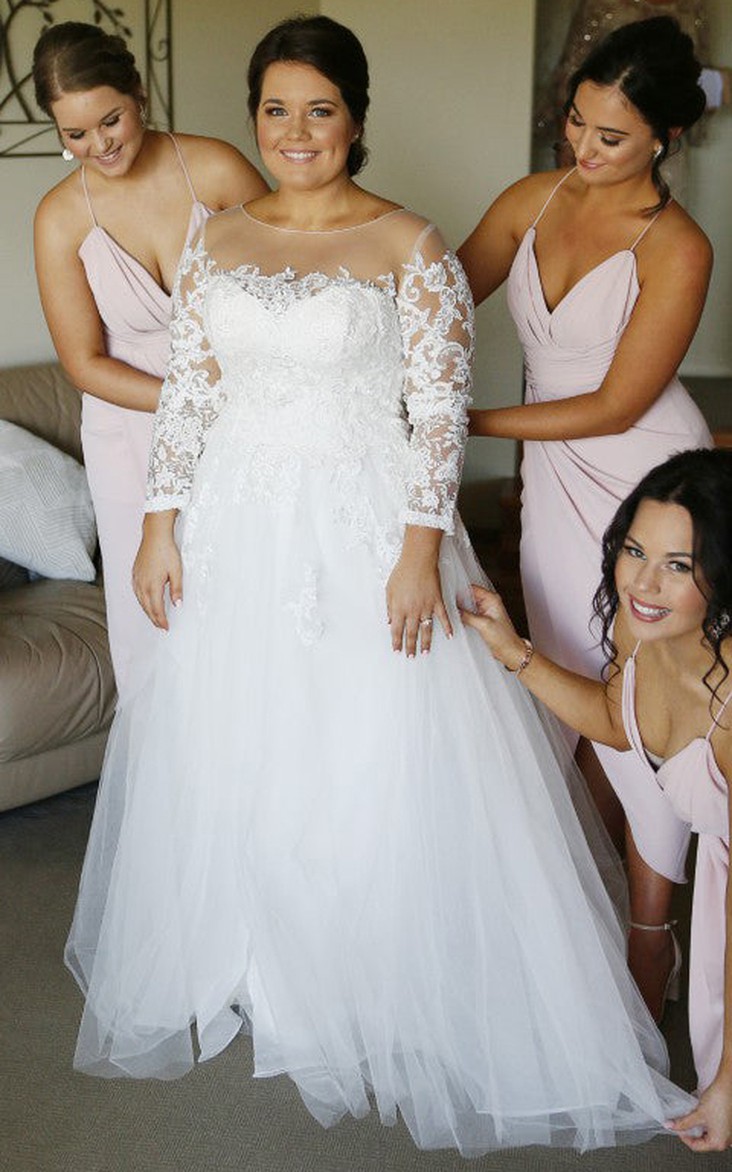 Modern A Line Bateau Floor-length Long Sleeve Lace Wedding Dress with Appliques