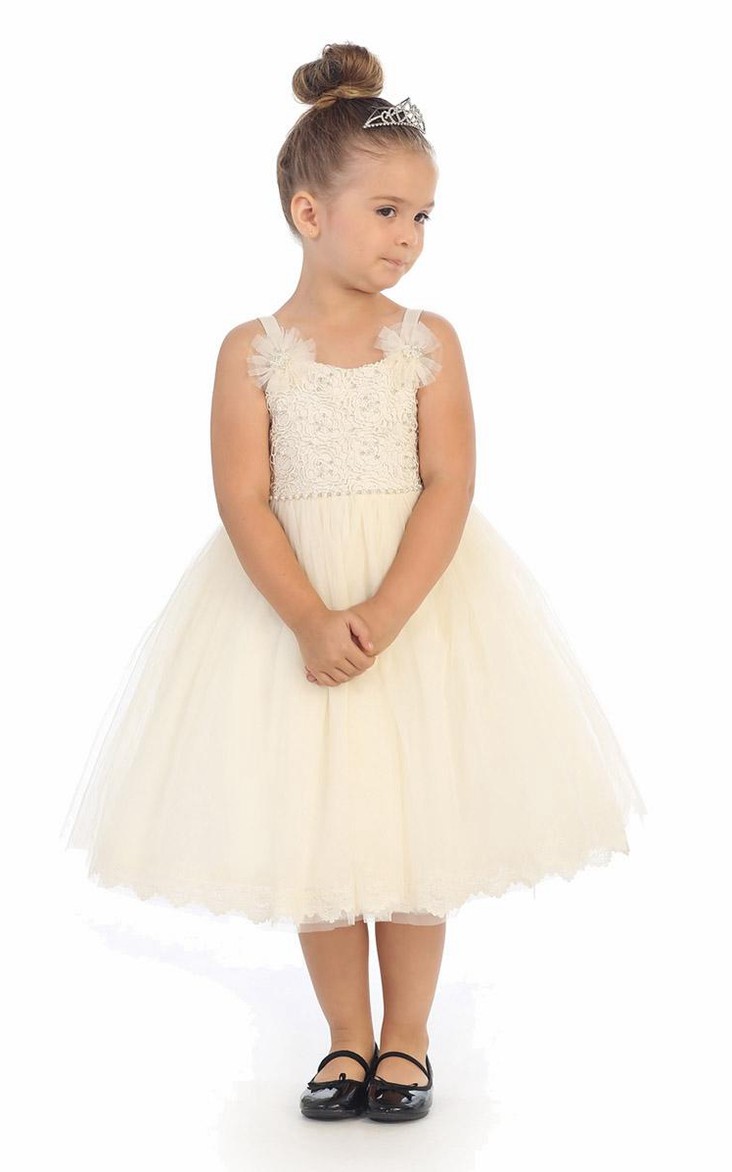 Tiered Corset Back Embroidered Tea-Length Lace Flower Girl Dress