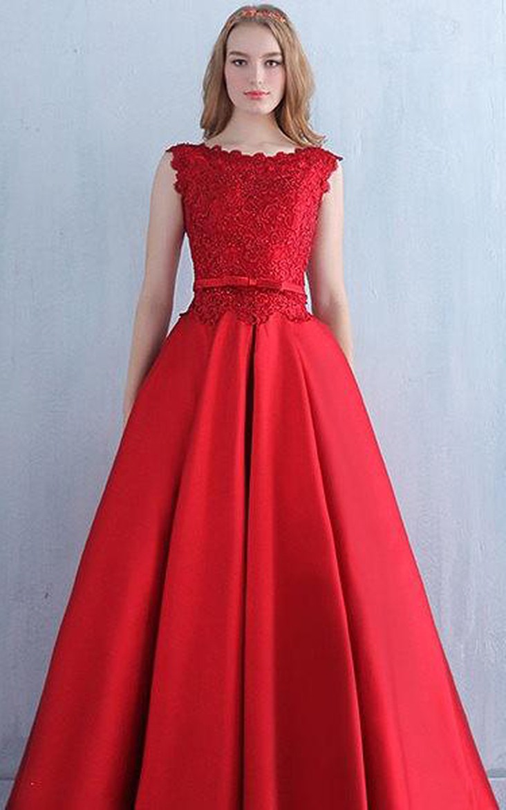 Bateau Sleeveless Satin A-line Dress With Lace top And Corset Back