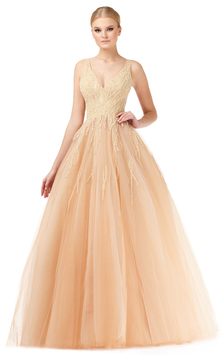 Ball Gown Sleeveless Elegant Tulle V-neck Prom Dress