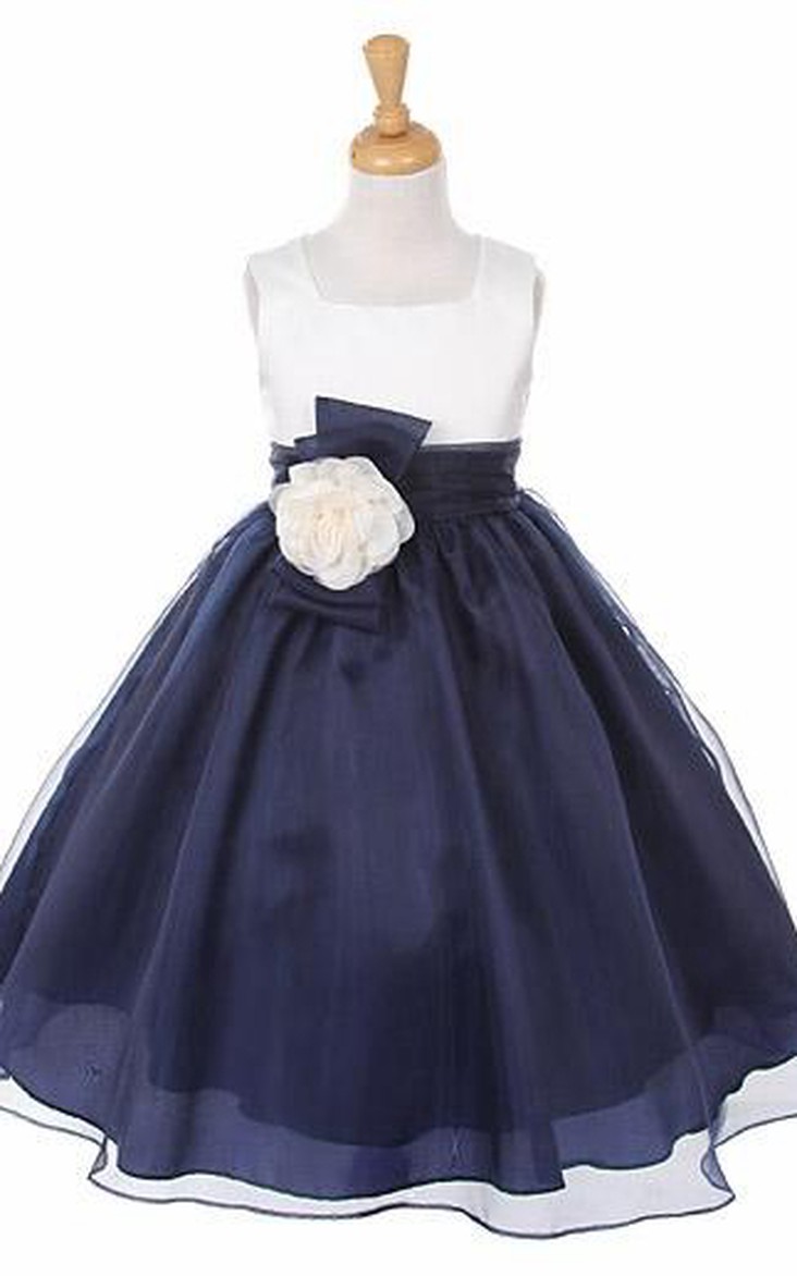 Two-tone square-neck Flower Girl Dress With bow