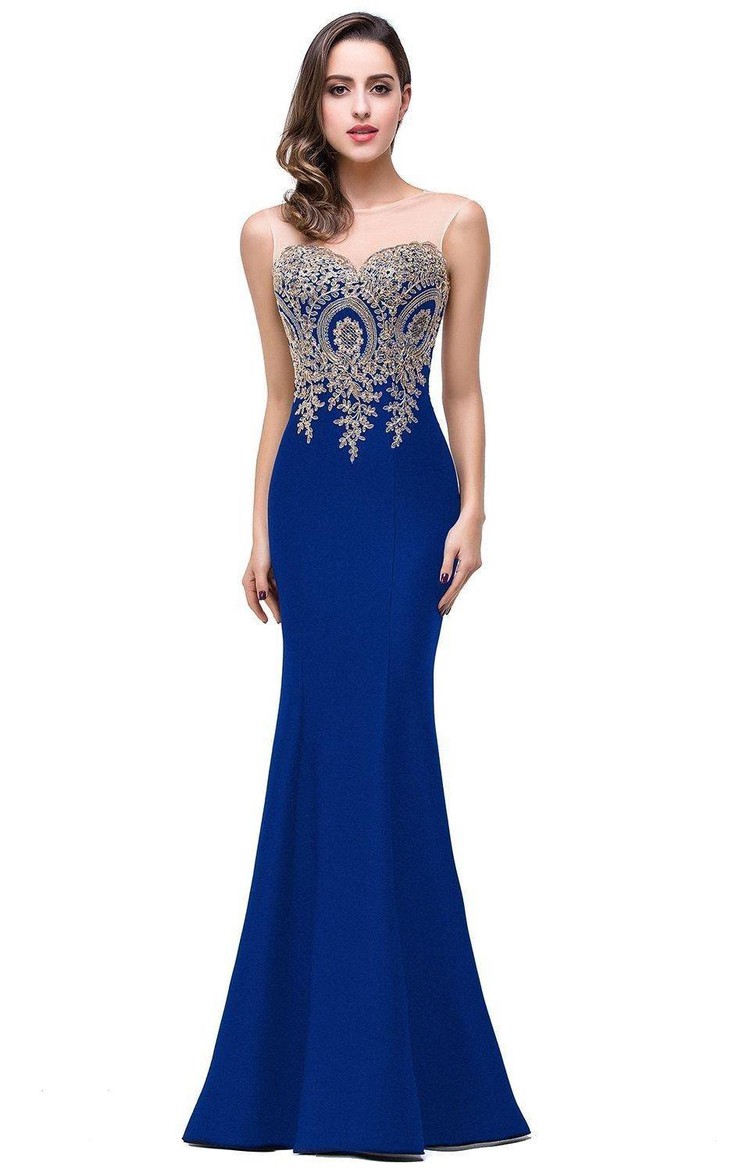Appliqued Lace Sleeveless Mermaid Satin Zipper Dress